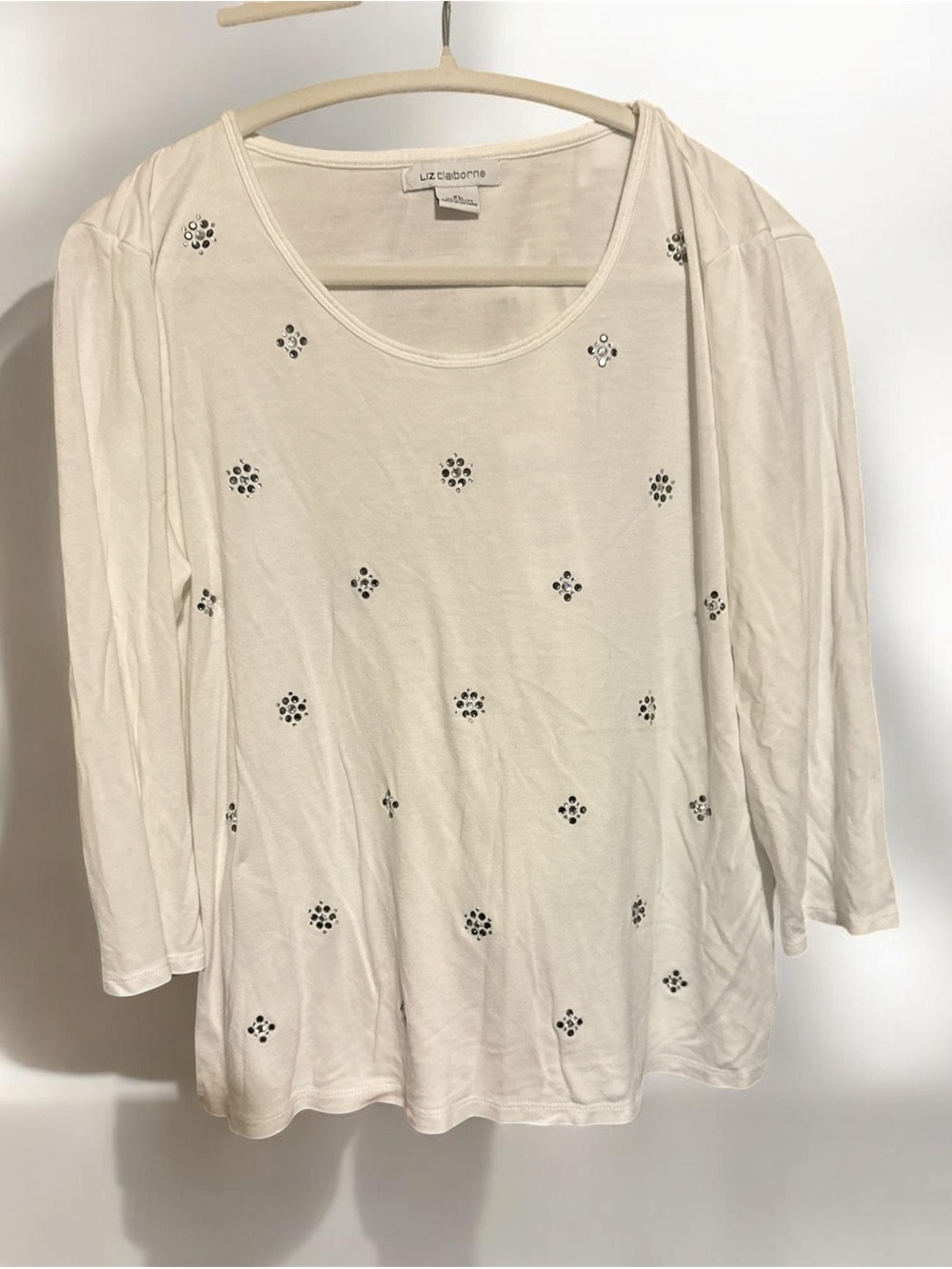Liz Claiborne white Long Sleeve Scoop Neck Top with silver Stud Accents